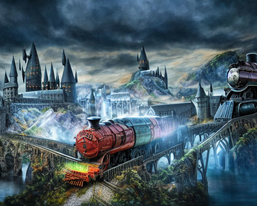 Magical train crossing bridge to enchanting castle in misty mountains