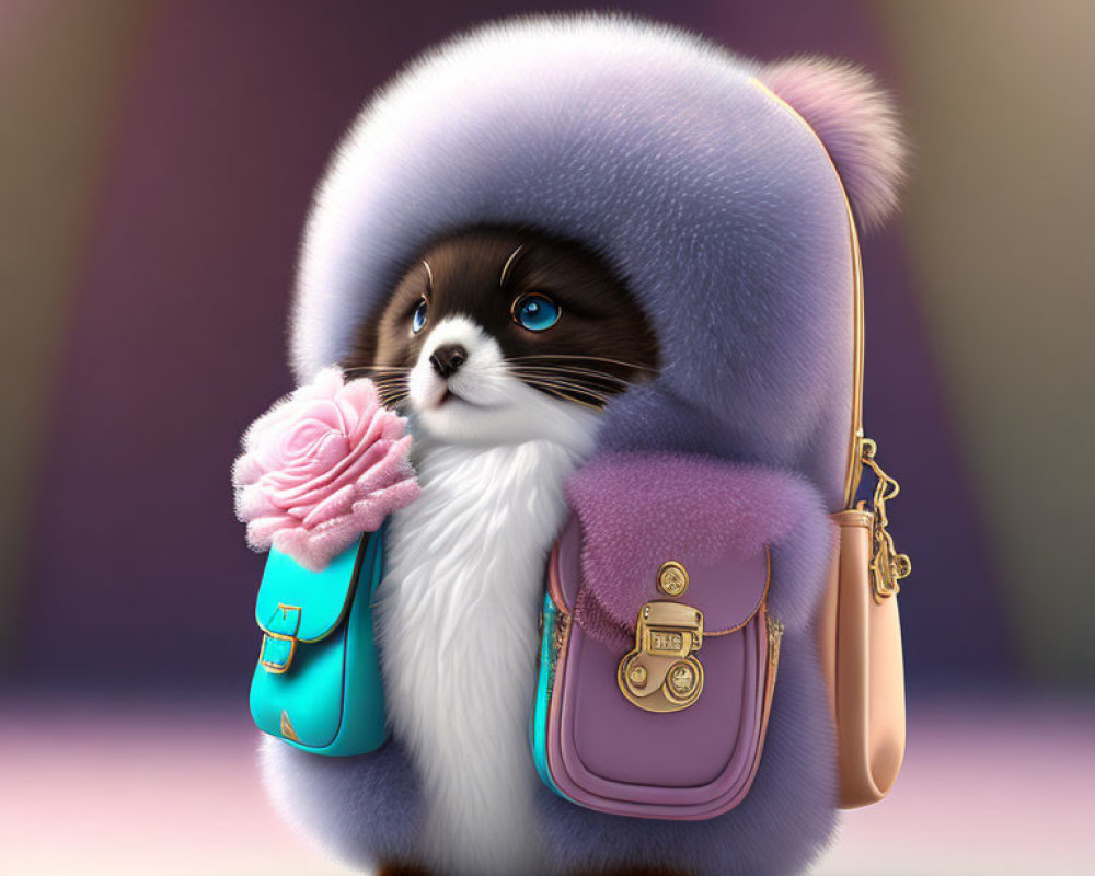 Fluffy anthropomorphic cat with purple hat, pink bag, and blue umbrella