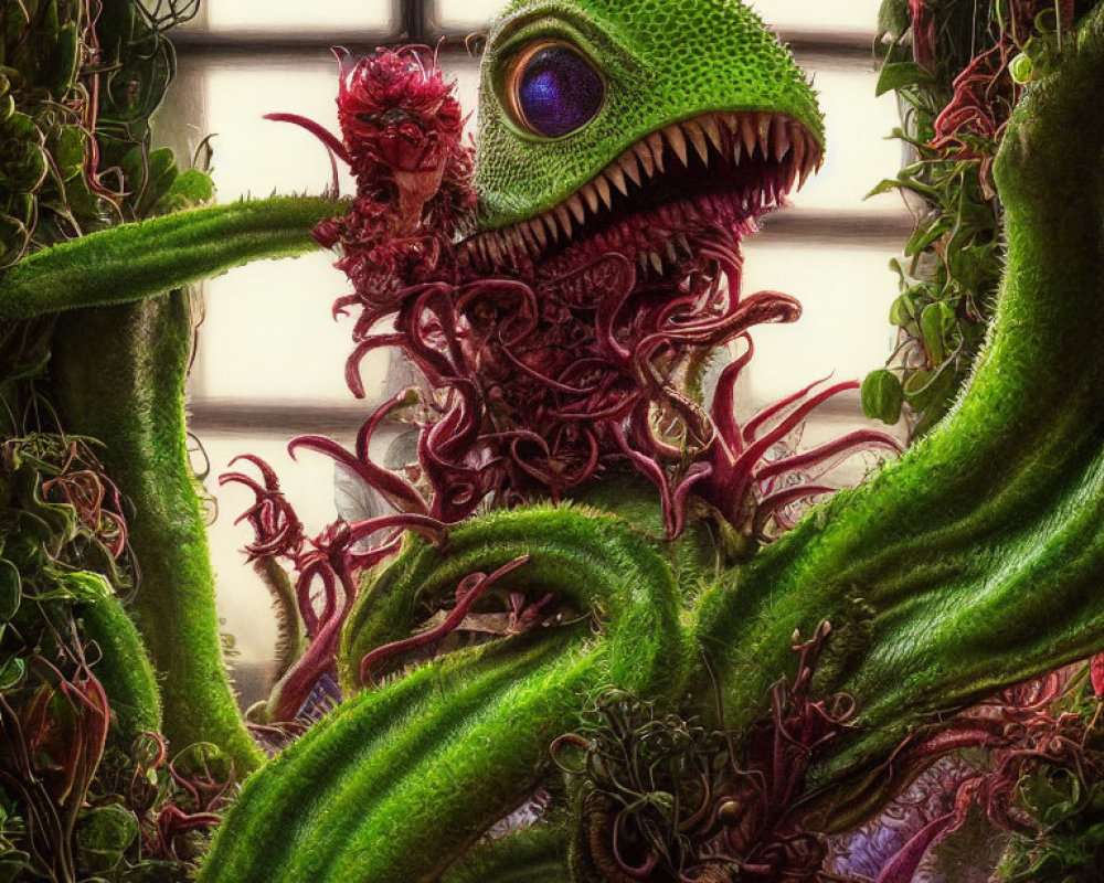 Green one-eyed plant creature with tentacles and red appendages on windowpane.