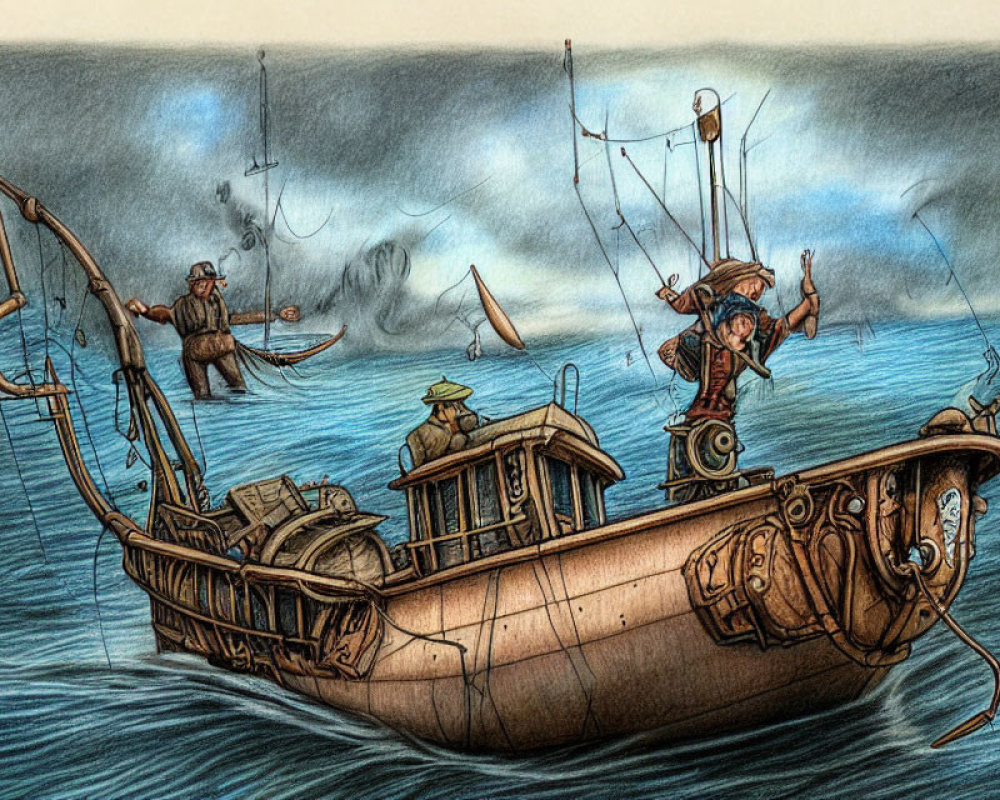 Illustration of seafarers in a steampunk boat with alchemical bottles.