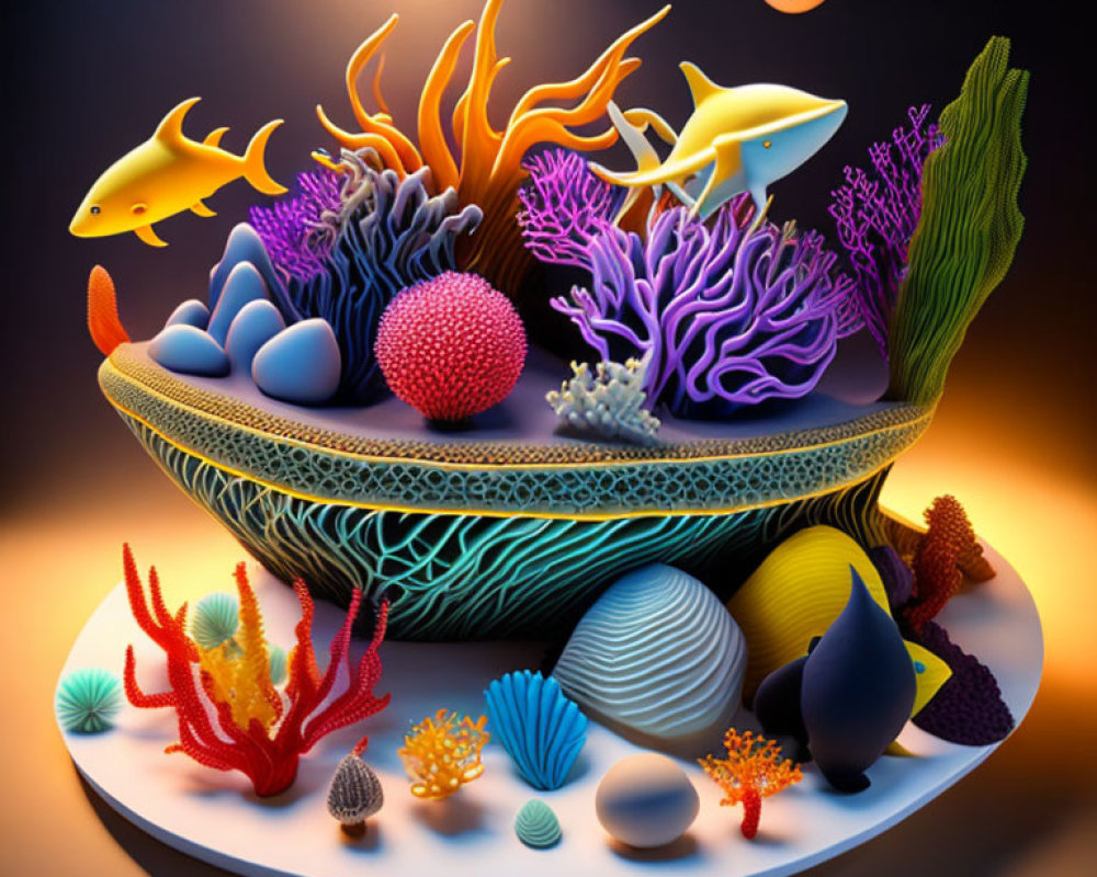 Colorful 3D illustration of mini marine ecosystem with fish, coral, seashells, plants