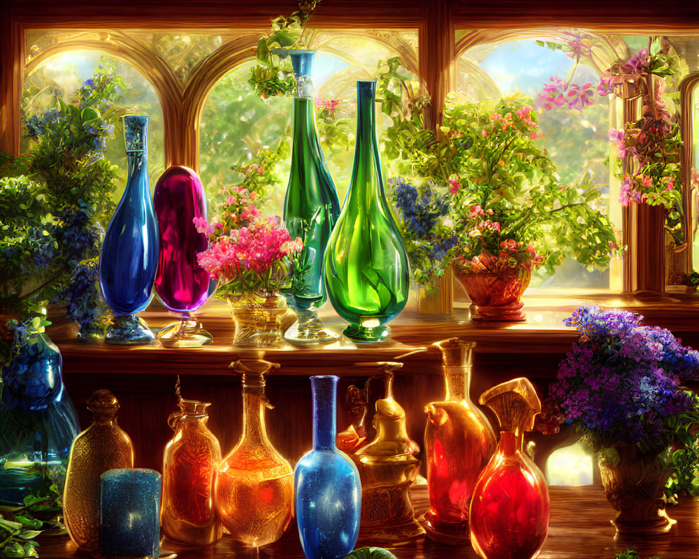 Vibrant glass bottles and vases on wooden windowsill with blooming flowers