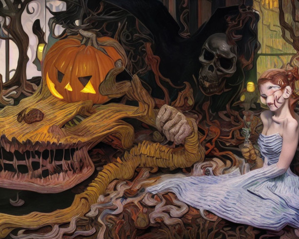 Dark Halloween-themed illustration with woman, jack-o'-lantern, skull, and eerie vines.