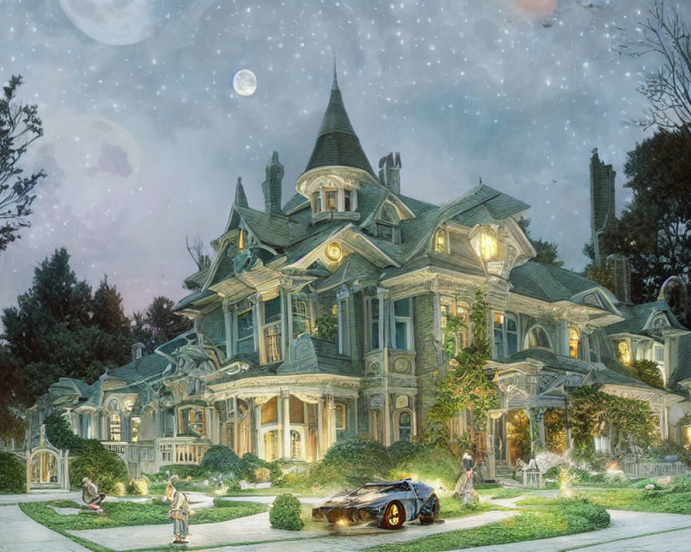 Victorian mansion with illuminated windows and lush gardens at twilight