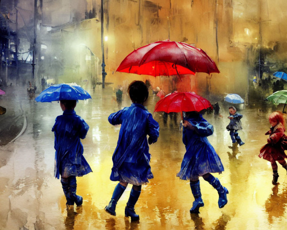 Children with colorful umbrellas and raincoats in a golden-lit rainy street