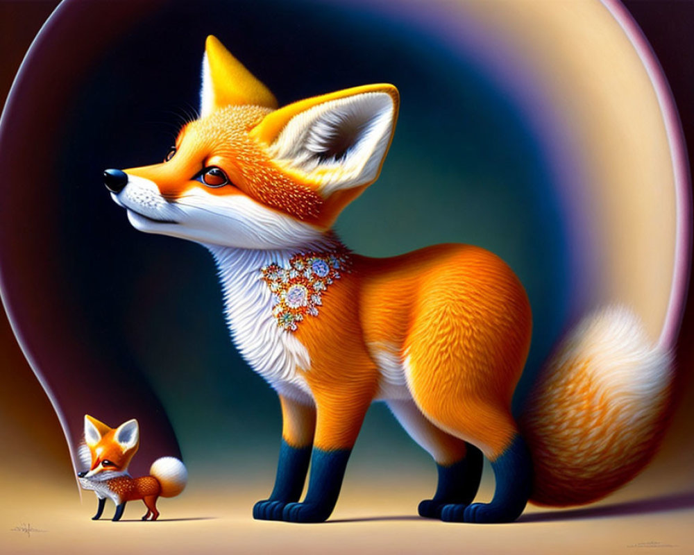 Stylized large and small foxes with ornate details on dark background