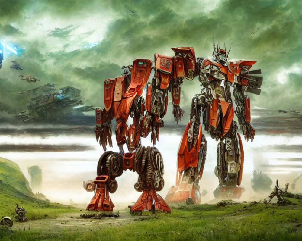 Giant red and orange robot in grassy field with dramatic sky and flying craft