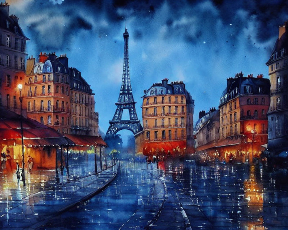 Watercolor painting of Paris twilight with Eiffel Tower & European buildings