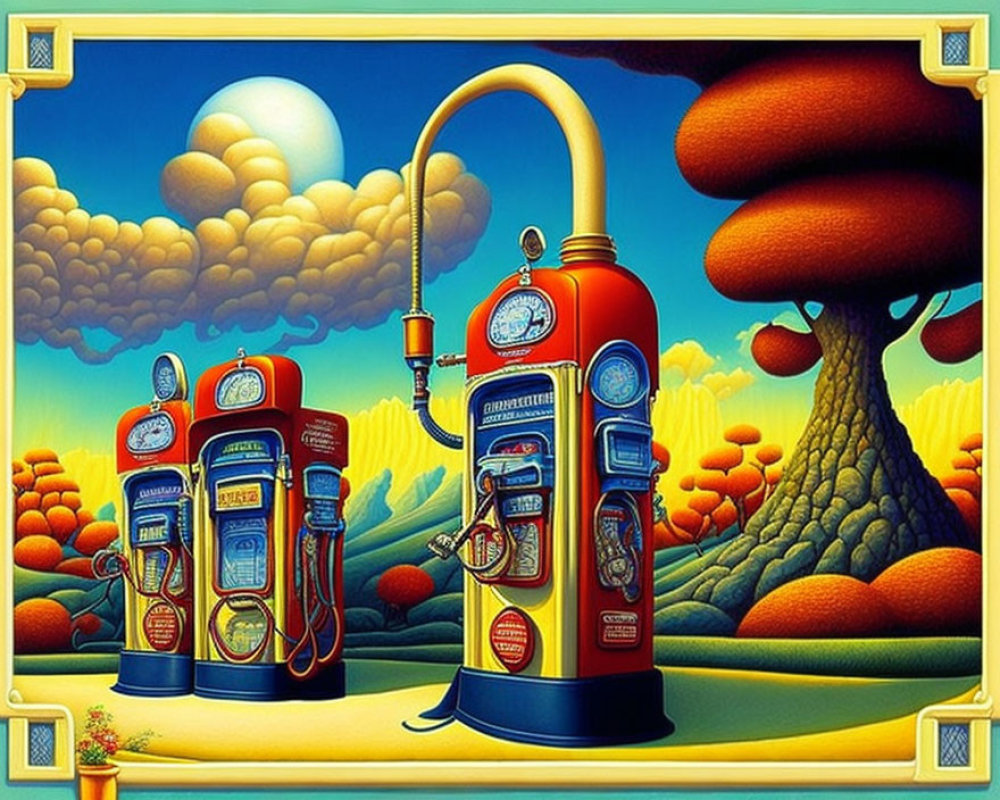 Colorful surreal landscape with retro gasoline pumps and stylized trees.