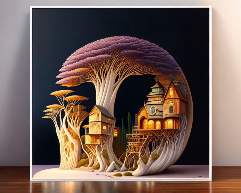 Fantastical treehouse artwork in a framed setting