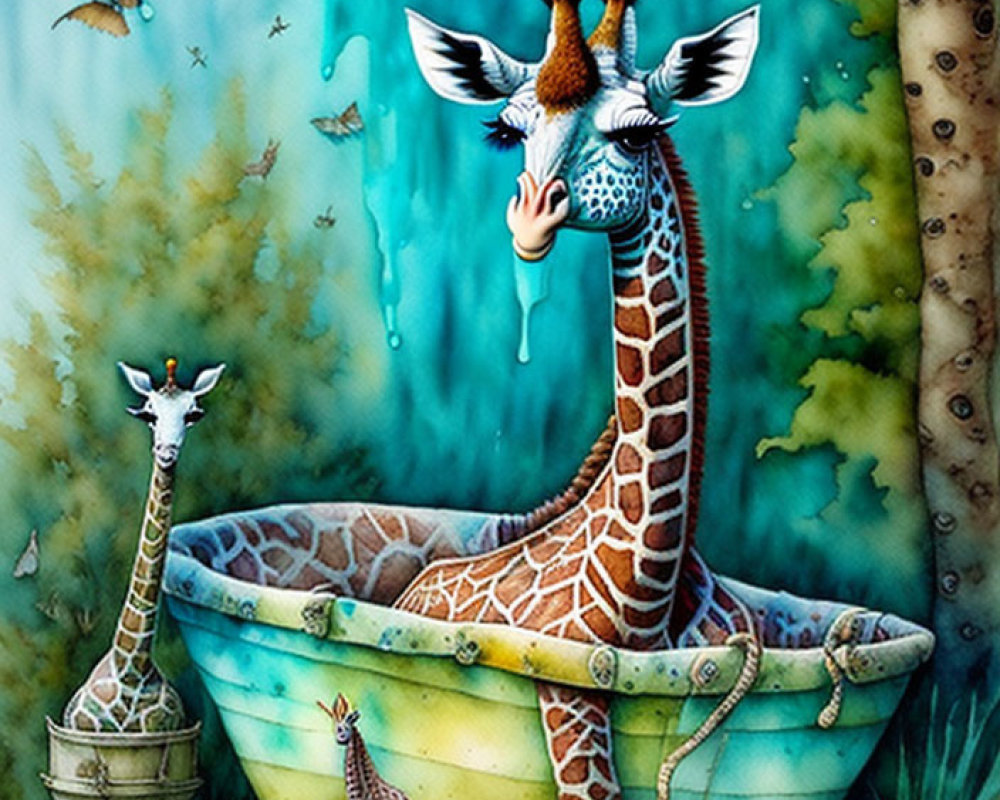 Illustration of tall giraffe bathing outdoors with shower cap and smaller giraffes in nature