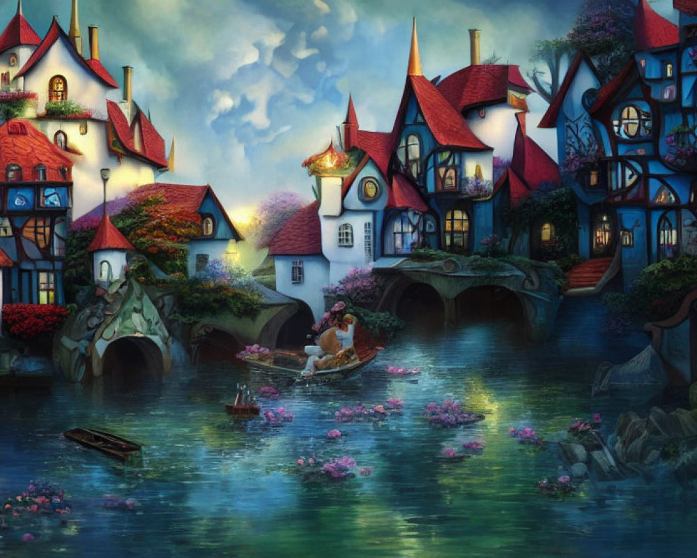 Vibrant fantasy village scene with whimsical houses and river boat at twilight