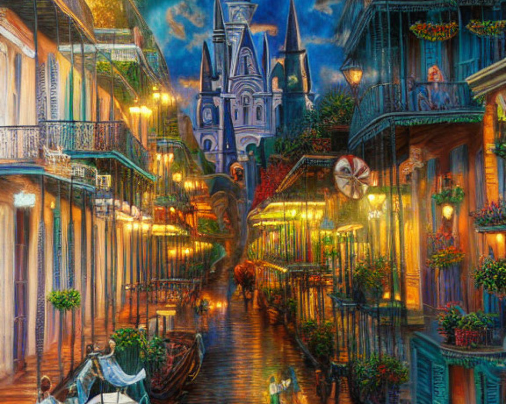 Colorful painting of New Orleans street at dusk with cathedral, strolling people, and plant-adorn