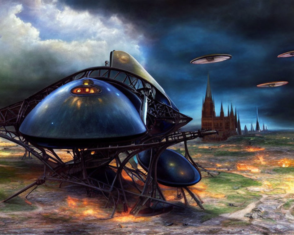 Futuristic alien structure, flying saucers, city spires, and explosions in sci-fi