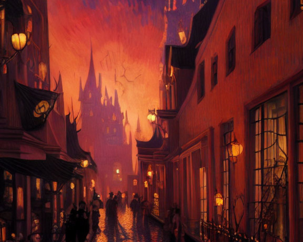 Atmospheric cobblestone street scene at dusk with warm lights under violet sky