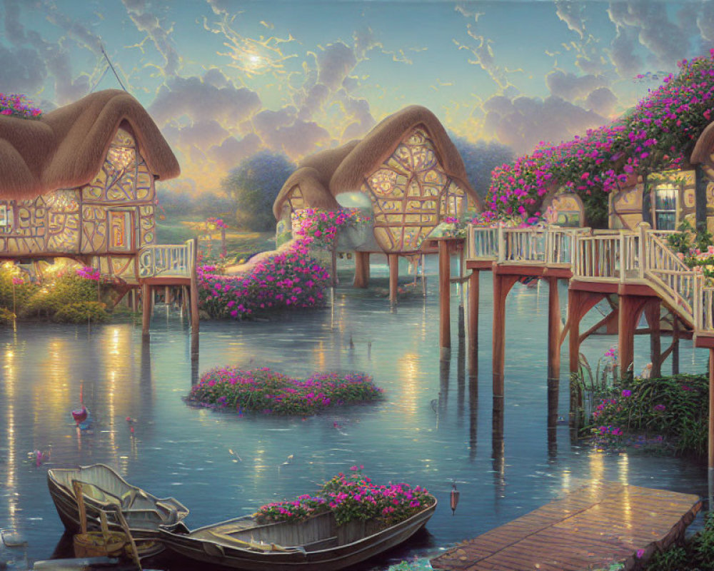 Fantastical water village with thatched-roof cottages, wooden bridges, calm river, lone