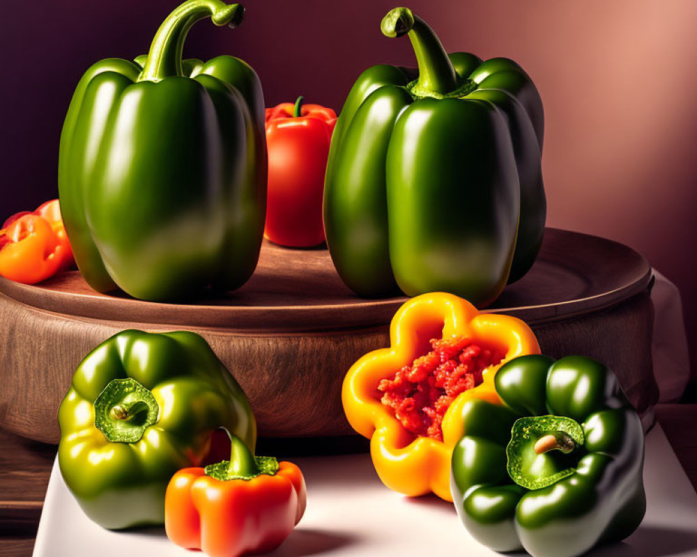 Colorful Fresh Bell Peppers Arranged on Wooden Surface