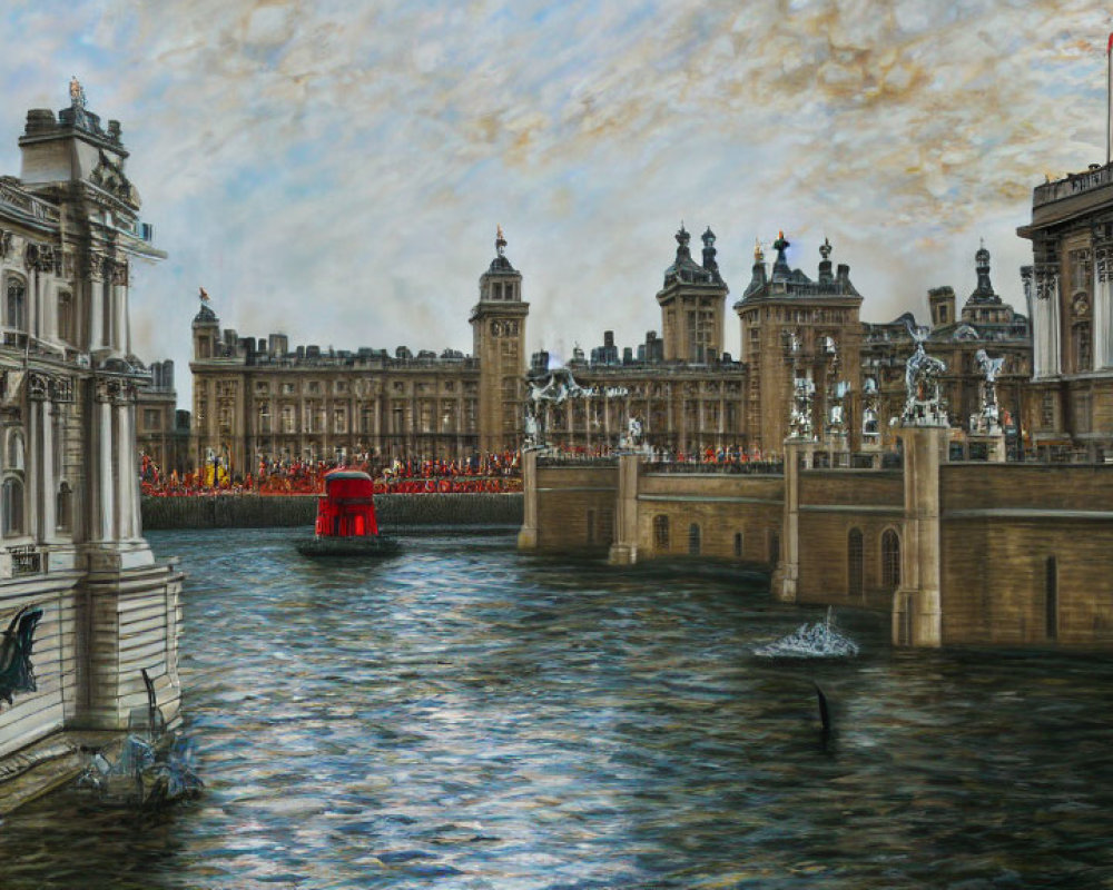 Red Bus Crossing Bridge Near Ornate Building with Spectators