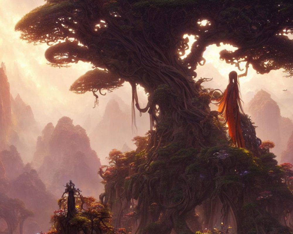 Ancient tree with intricate roots and lush foliage in misty mountain setting