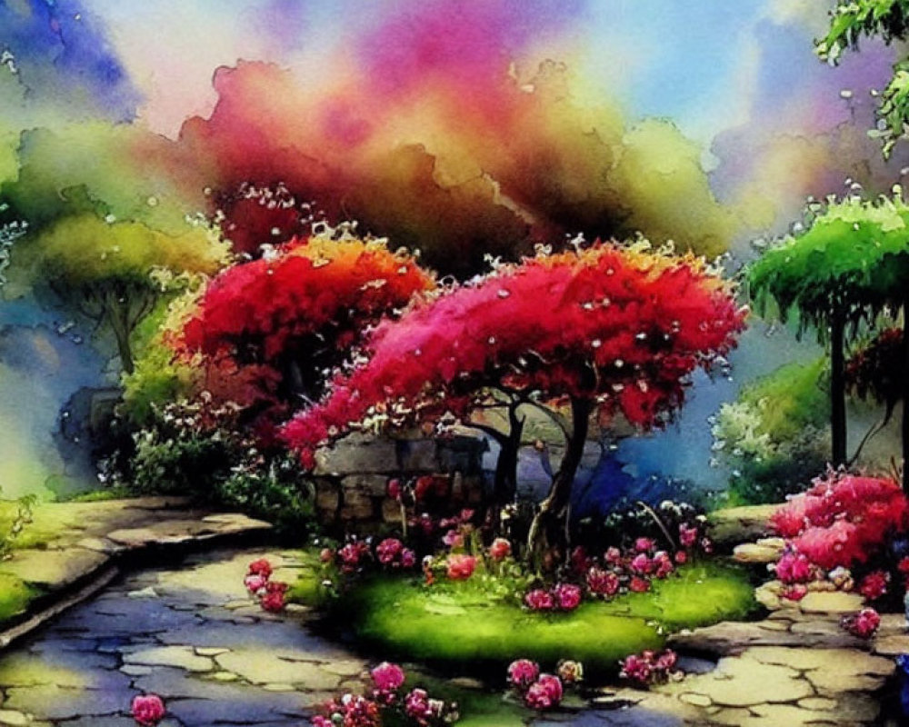 Colorful Watercolor Garden Scene with Stone Path and Gazebo