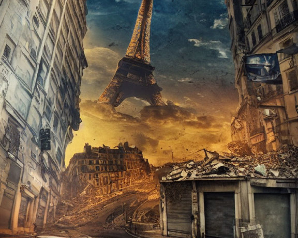 Desolate post-apocalyptic cityscape with Eiffel Tower and dramatic sky