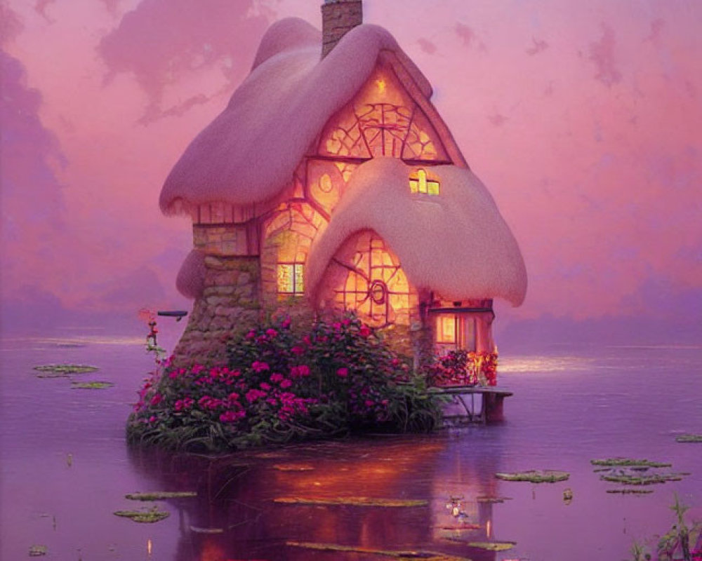 Thatched-Roof Cottage Surrounded by Lush Flora and Pond at Twilight