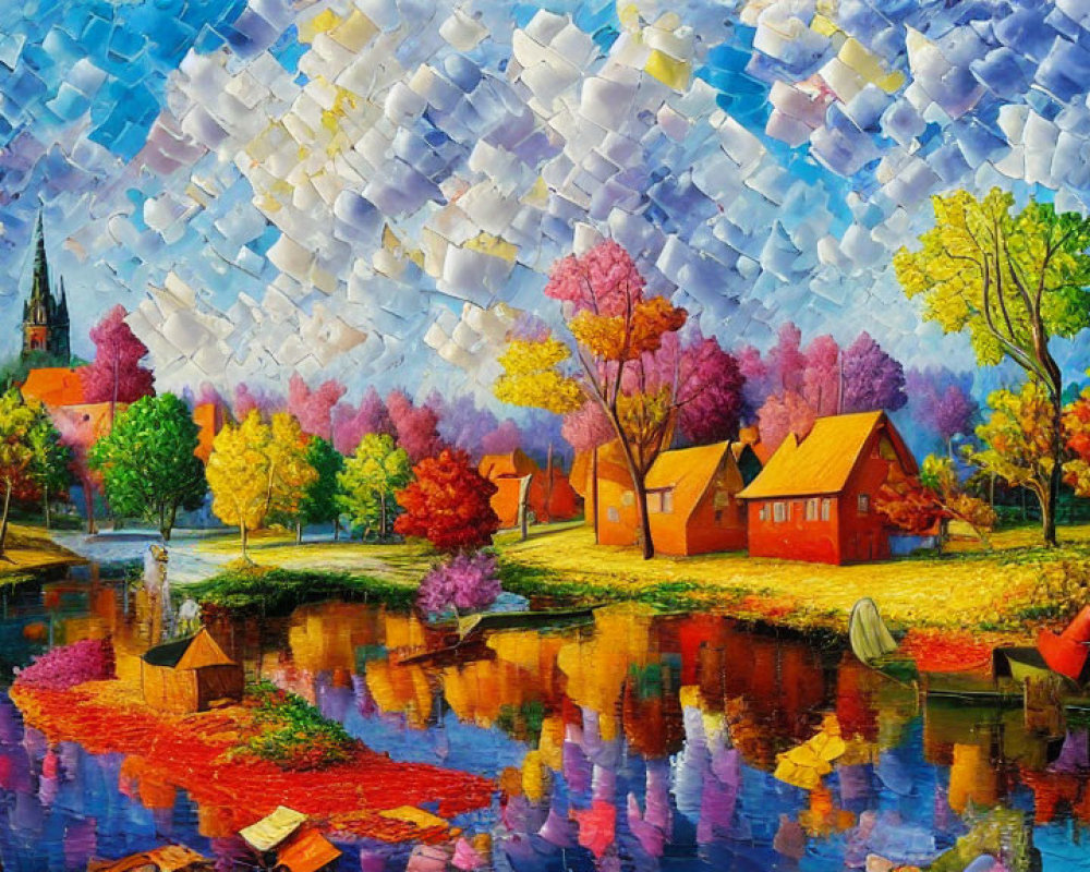 Vibrant village puzzle with colorful trees, river reflection, and transitioning sky.