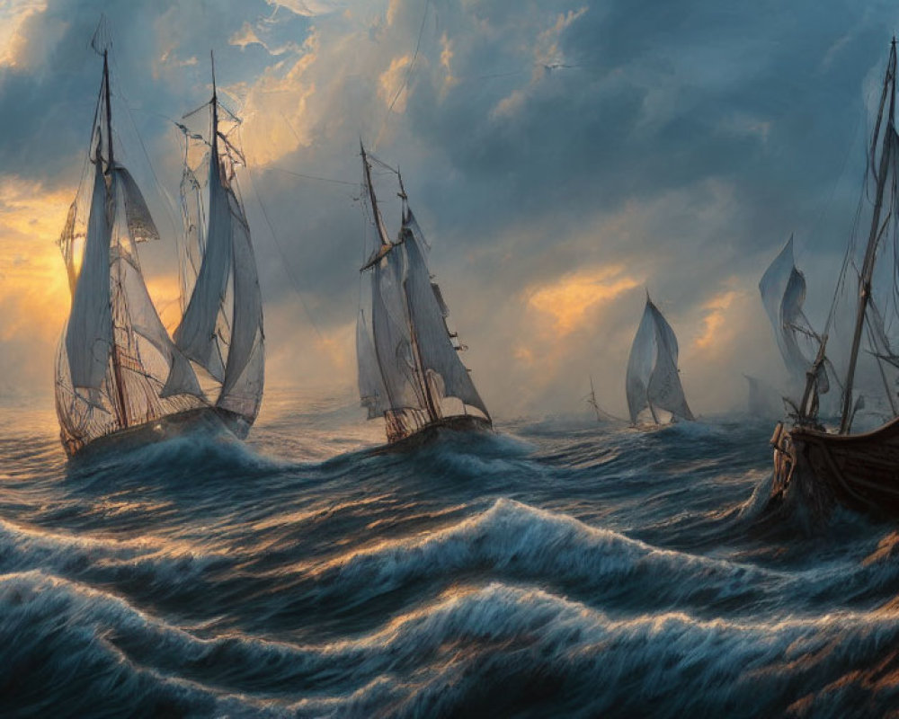 Dramatic sky over tall ships on turbulent seas