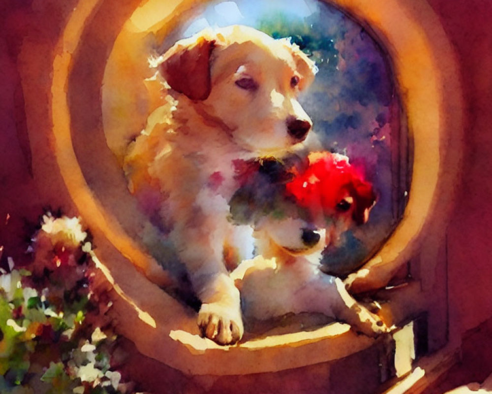 Two dogs peeking through round window with bouquet in watercolor style