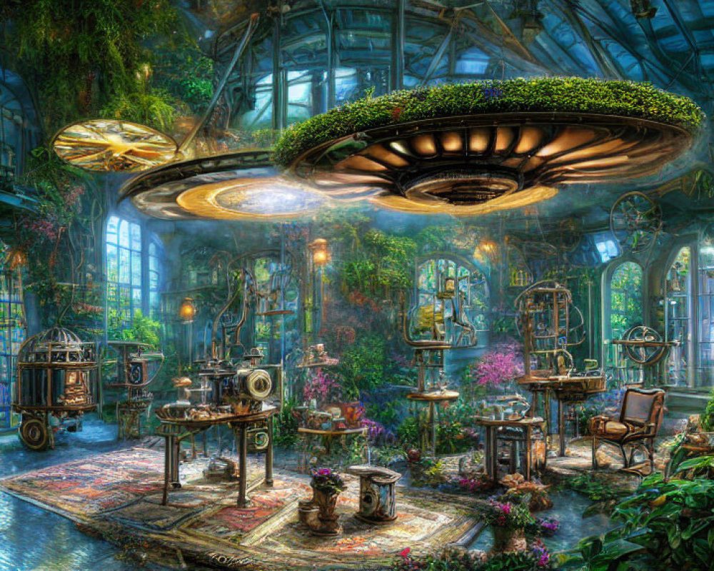 Fantastical greenhouse with lush plants and whimsical machinery