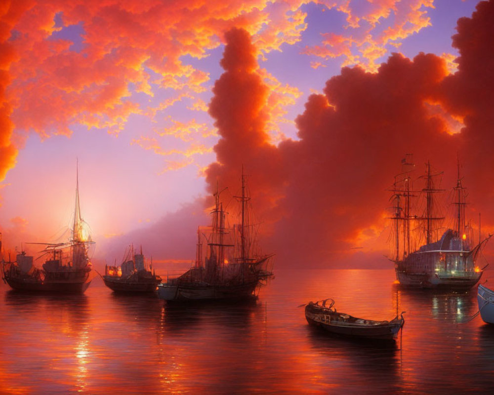 Vivid sunset at sea with sailing ship silhouettes in orange-red sky