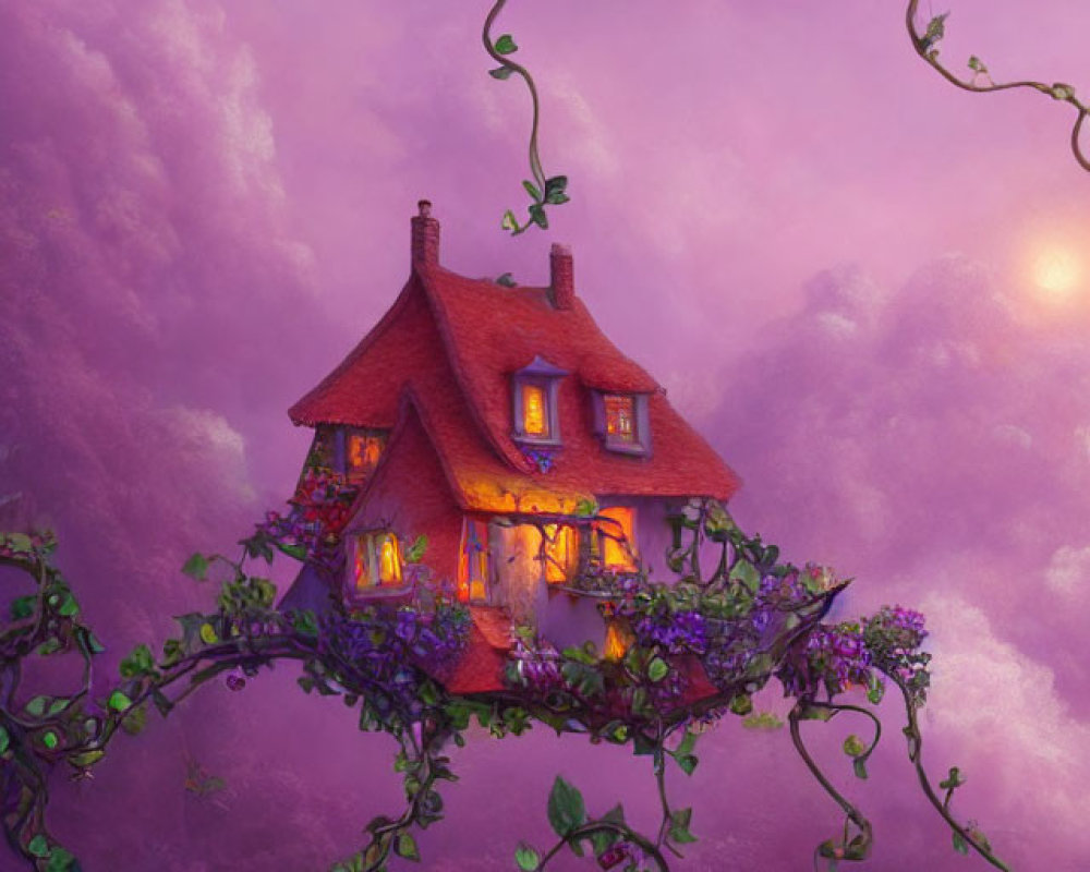 Whimsical cottage on spiraling vine with purple foliage under violet sky