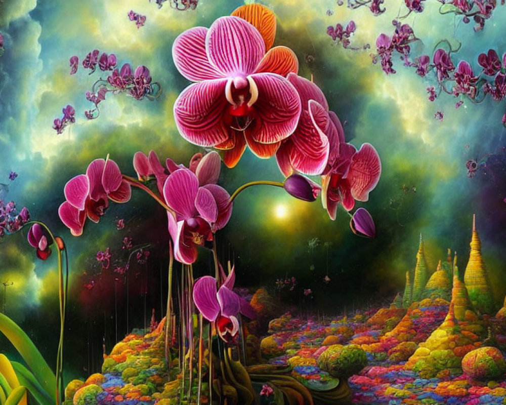 Fantastical landscape with purple orchids, colorful flora, and pagoda-like structures