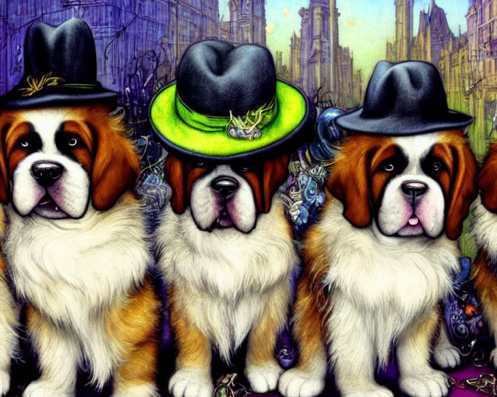 Three Cartoon Saint Bernard Dogs in Outfits and Hats with Cityscape Background