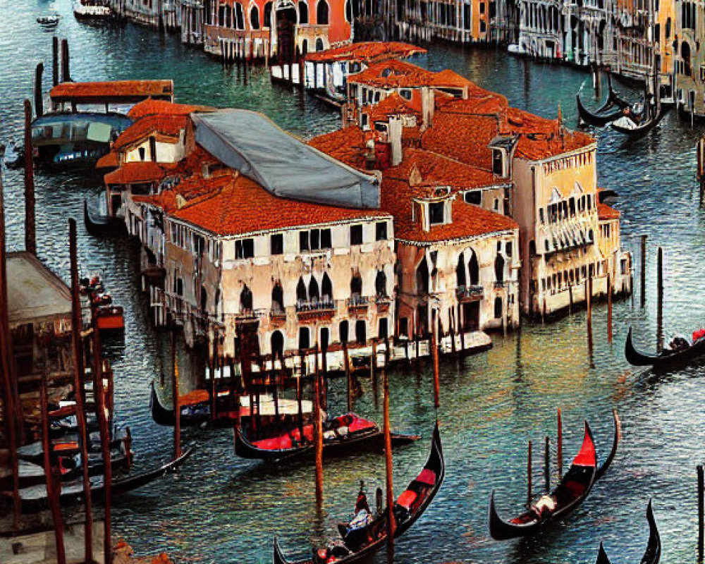 Historic buildings and gondolas on vibrant Venetian canal