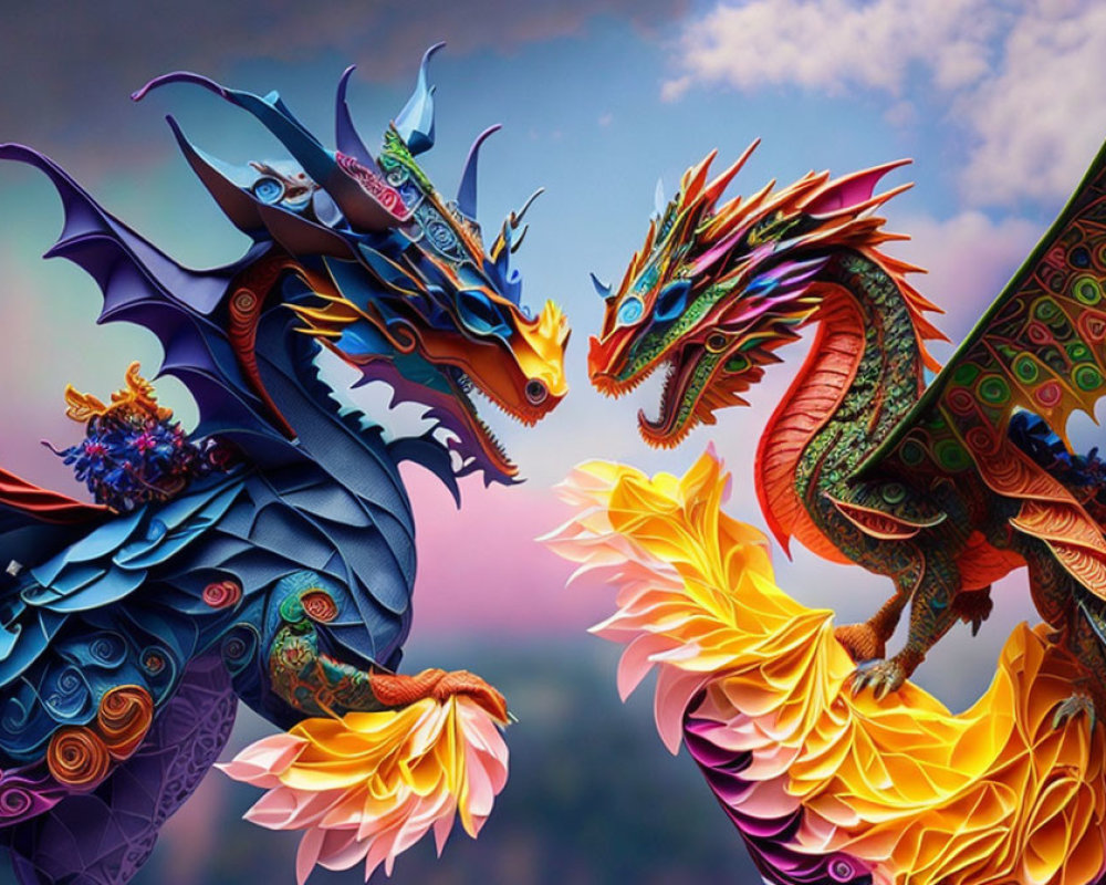 Vibrant colorful dragons with intricate designs on pastel sky background