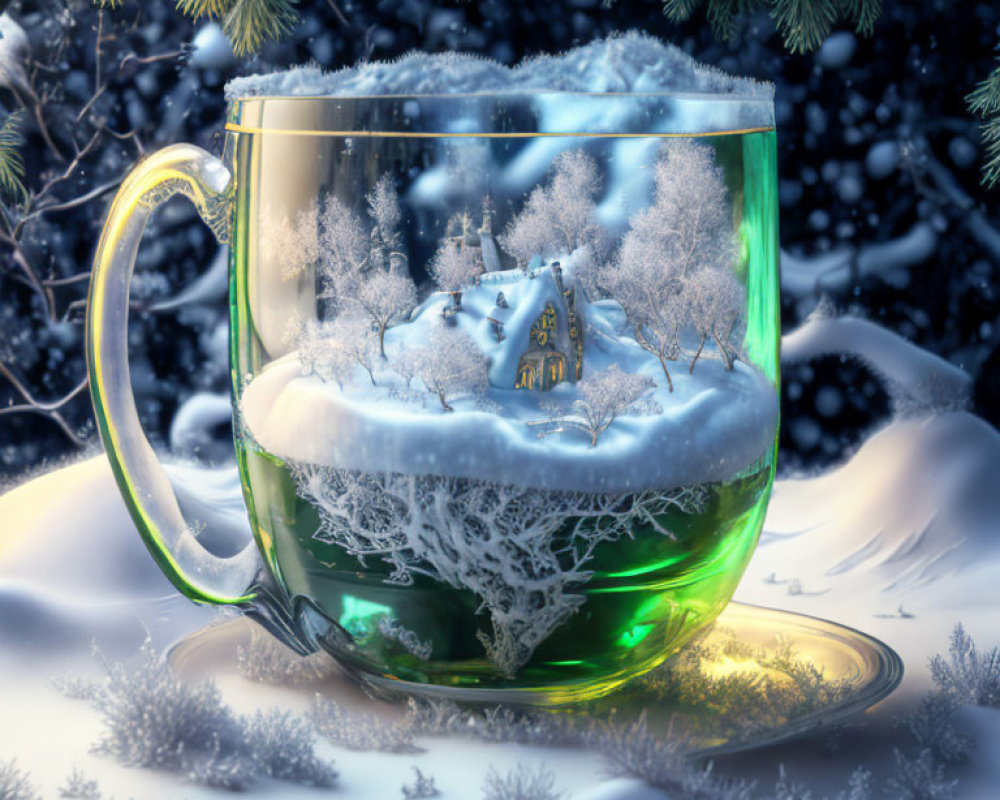 Miniature snow-covered house and trees in transparent teacup winter scene