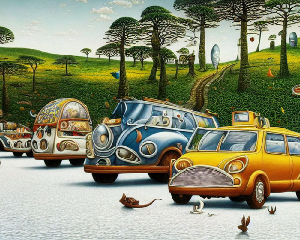 Whimsical anthropomorphic vehicles in vibrant landscape