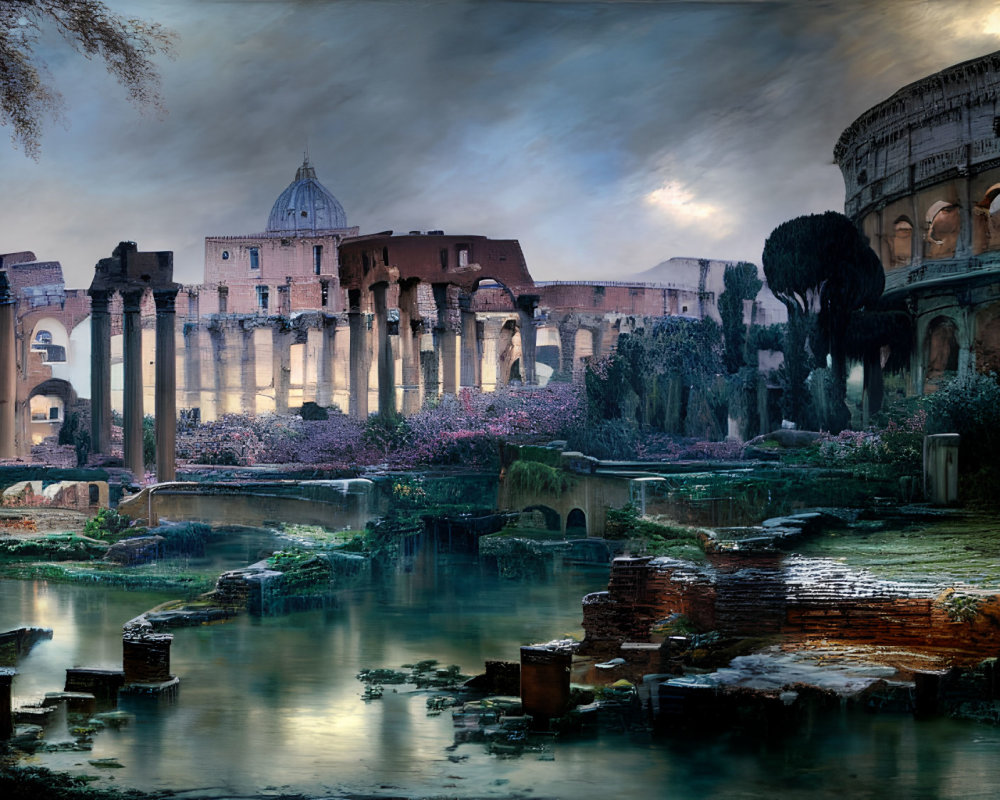 Composite Image: Roman Architecture with Sky and Water