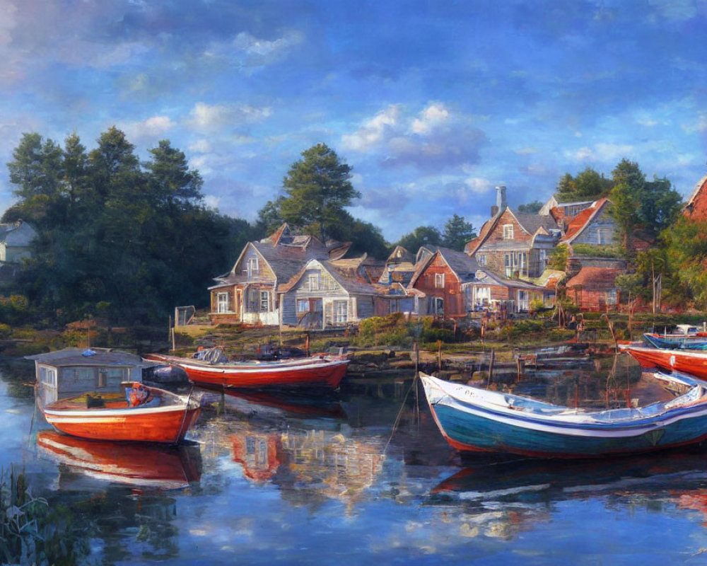 Tranquil painting of village by water with boats on calm river