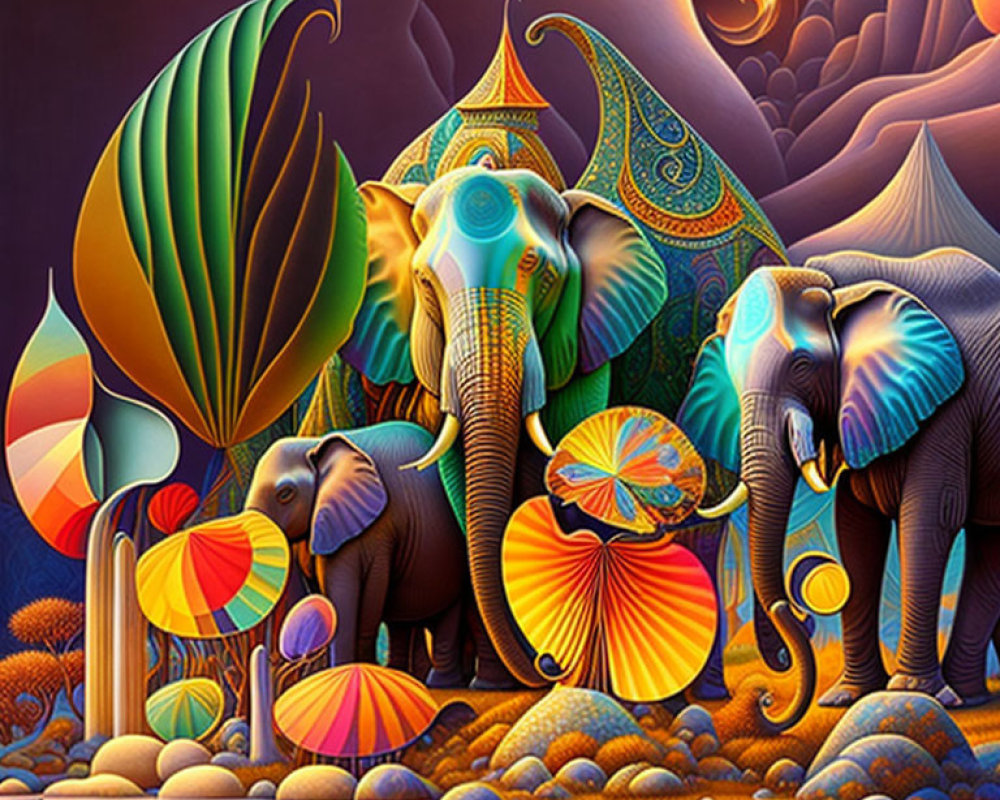 Vibrant Elephant Artwork with Patterned Skins and Whimsical Foliage