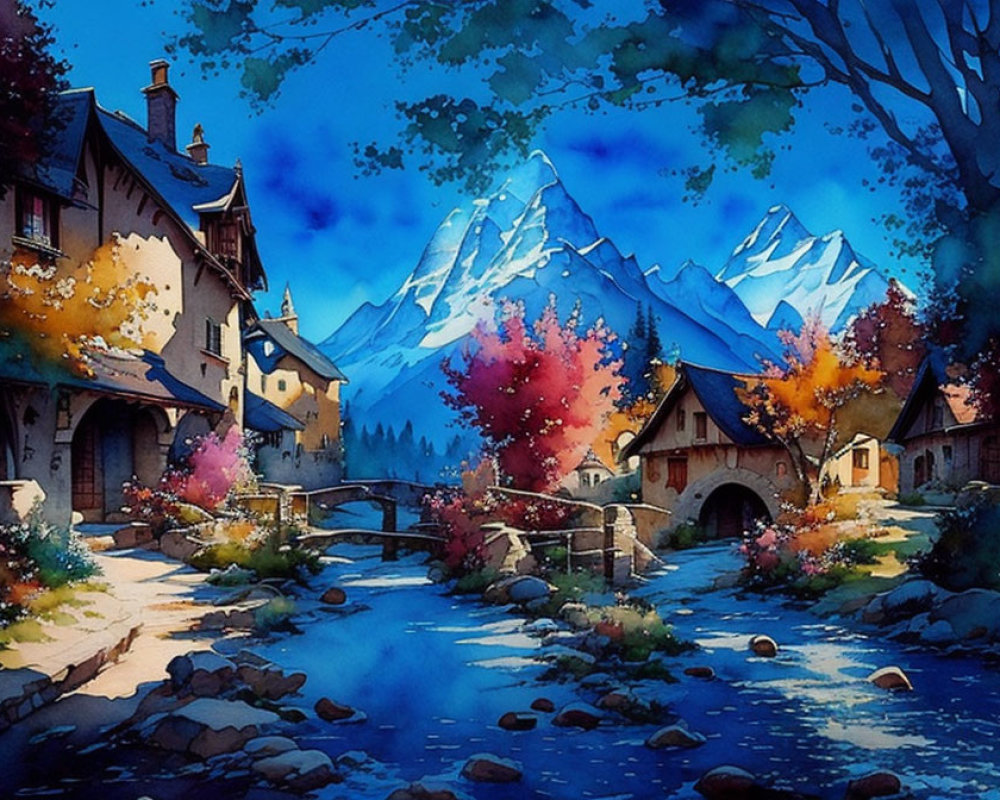 Scenic watercolor painting of village with snow-capped mountains