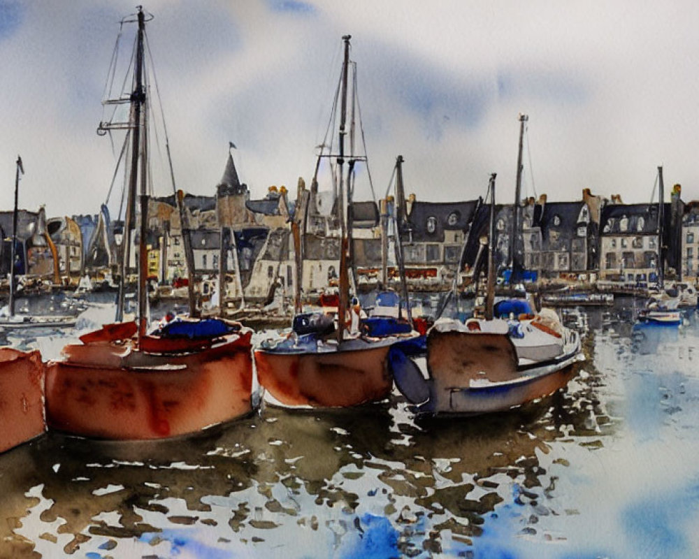 Serene harbor scene with boats and buildings in watercolor