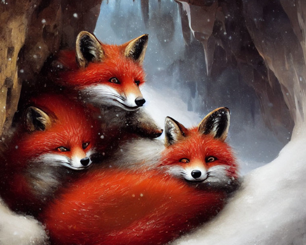 Red foxes snuggled in snowy cave with icicles, evoking warmth in winter.