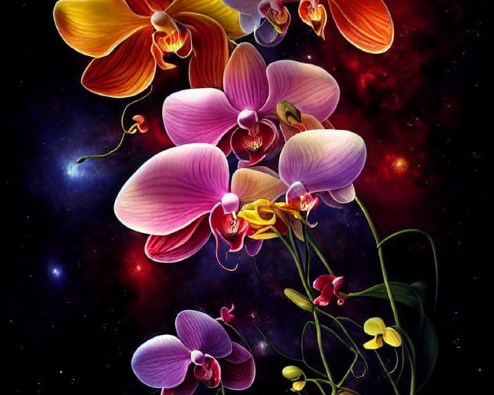 Colorful Orchids Against Cosmic Background with Stars