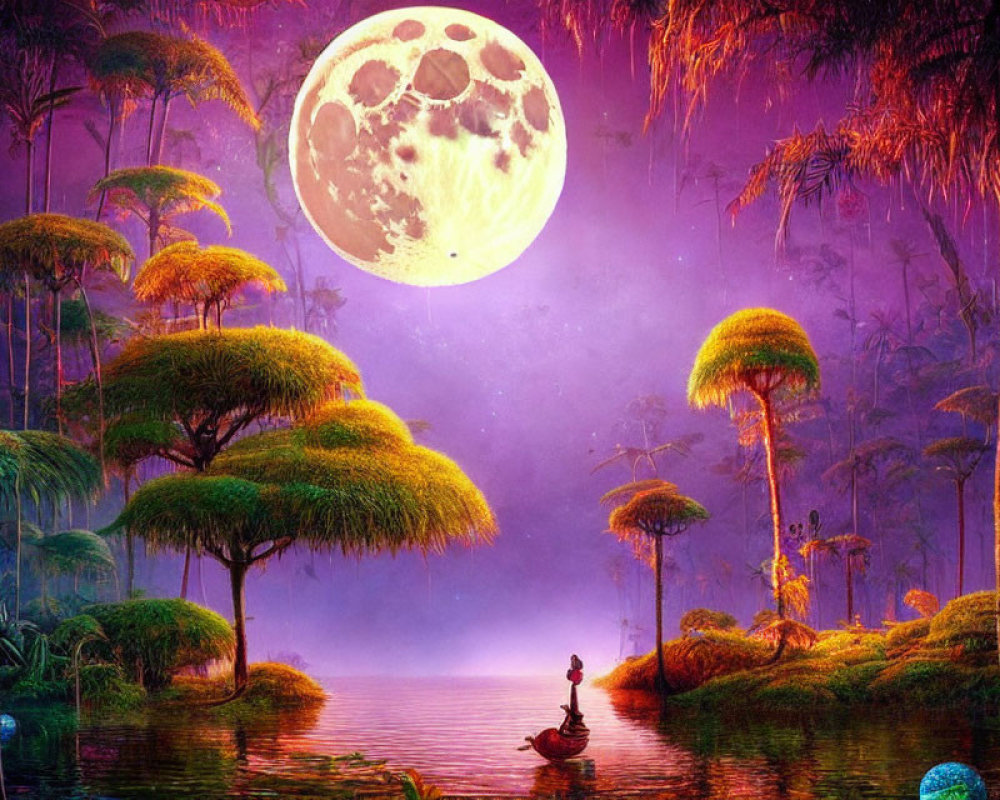 Surreal purple fantasy landscape with giant trees and moon