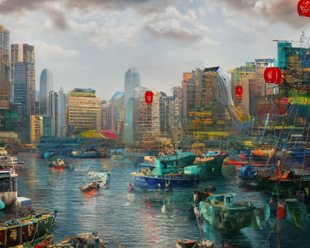 Colorful boats in bustling harbor with cityscape and red lanterns