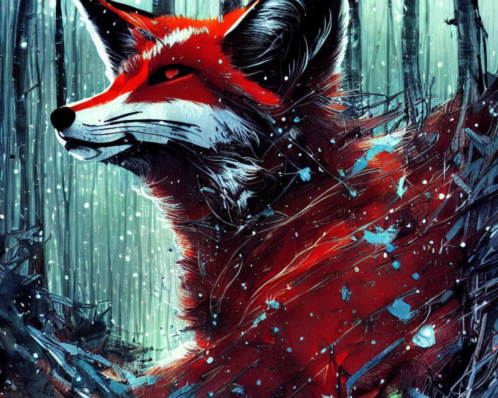 Colorful Illustration of Red Fox in Snowy Forest with Falling Snowflakes