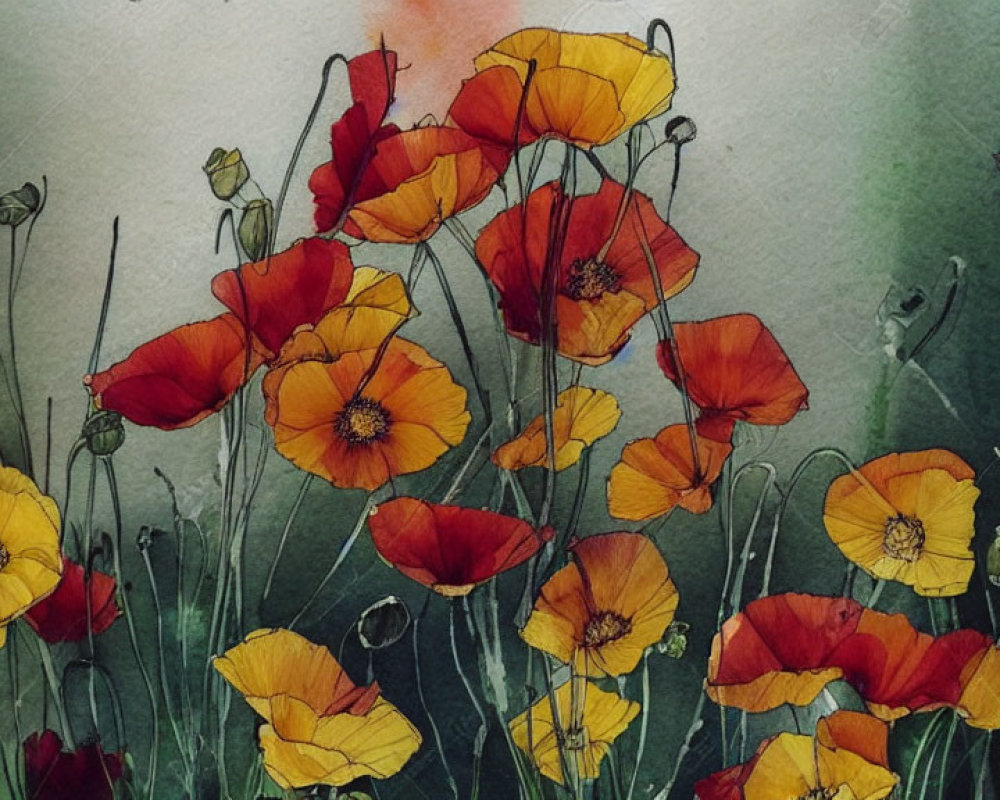 Vibrant Red and Yellow Poppies on Textured Green and Black Background