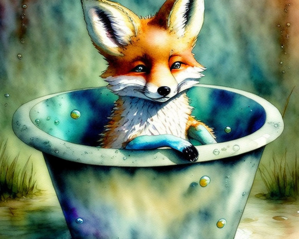 Illustration of Cute Fox in Blue Tub with Bubbles and Watercolor Textures